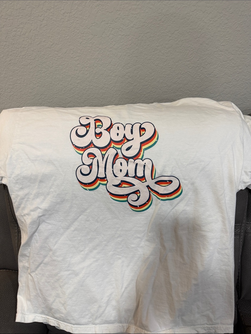 Comfort Colors White Tee with Retro Multicolor "Boy Mom" Script